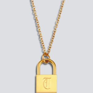 SALE 18k Stamped Gold Filled Padlock Engraved Letter “T” Initial Necklace